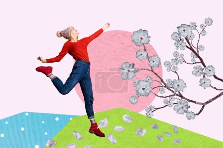 collage compuesto imagen de niña tranquila despreocupada saltar volando pétalos de flores de árbol aislado en fondo violeta creativo.