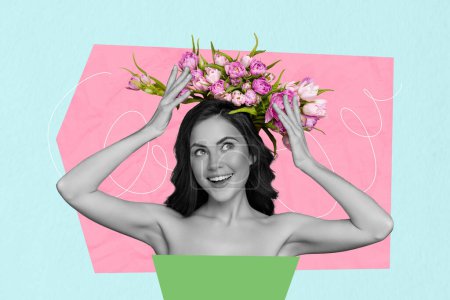 Collage photo illustration image de dame adorable rêveuse porter couronne de fleurs isolé sarcelle fond de couleur rose.