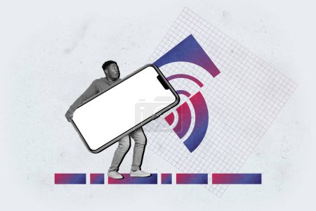Composite 3D-Foto-Grafik Collage von schockierten amerikanischen Kerl halten große iPhone schnell 5g Wifi-Verbindung isoliert auf grauem Hintergrund.