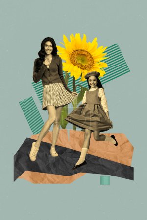Vertikale Collage Poster zwei junge Mädchen kleines Kind Vintage Retro-Outfit Rockkleid schöne fröhliche Dame Sonnenblume Sommerblüte.