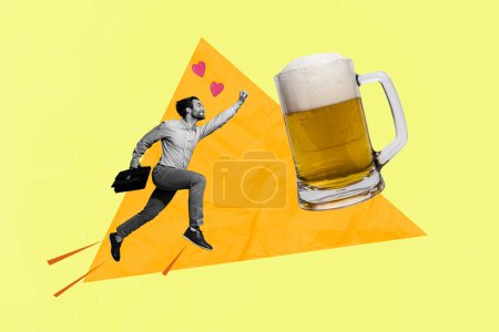 Foto-Collage-Kunstwerk minimales Bild von aufgeregten funky Arbeiter Kerl genießen Freitag Bier isoliert gelbe Farbe Hintergrund.