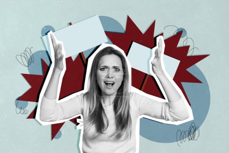 Portrait artwork collage of young furious lady stressed raised arms up screaming phrases dissatisfied isolated on blue color background.