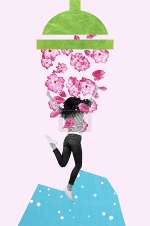Vertical collage picture of magnet pull mini black white colors excited girl raise fists flower petals isolated on violet background.