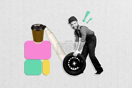 Composite 3d photo artwork graphics collage of young guy auto mechanic tire service roll wheel repair change garage service isolated on painted background.
