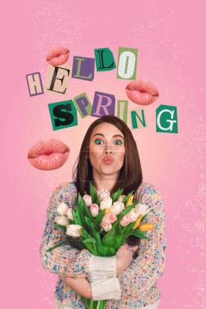 Vertical photo collage of charming sweet young woman hug flowers tulips send air kiss spring time gift isolated on painted background.