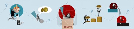 Panorama-Collage Spendenkonzept humanitairan Hilfe sammeln Geld liefert Lebensmittel Unterstützung Hilfe Freiwillige Goldmünzen Sparkassenpfand.