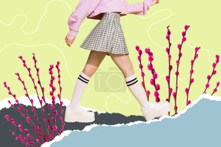Collage créatif image de jambes de fille recadrée ling chaussettes mini jupe baskets marcher tiges de coton de Pâques isolé sur fond de papier.