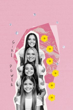 Image collage placard of cheerful lovely girls womens power strength in unity isolated on drawing background.