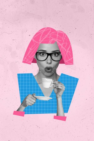 Vertical image collage of young astonished girl glasses pink hair style pause break drink coffee cup tea blow hot leisure isolated on painted background.