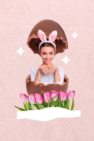 Vertical collage of chocolate eggs shell girl hands paws celebrate easter holiday traditional invitation bizarre unusual fantasy billboard.