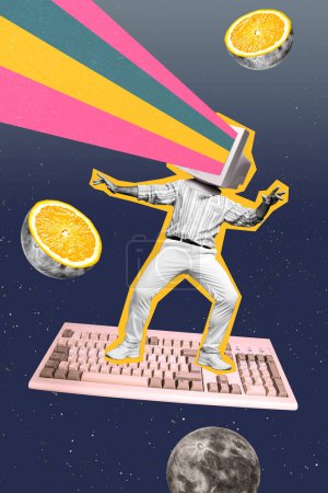3D foto collage compuesto tendencia ilustraciones boceto imagen de silueta sin cabeza hombre monitor en lugar de bailar en el enorme teclado levitar en el espacio.
