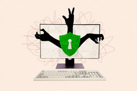 Collage póster imagen ordenador ciberseguridad web internet seguridad virus fraude amenaza protección de datos peligro dibujo fondo.