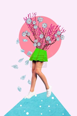 Cuadro de collage vertical de flores rama tallo de algodón palo niña piernas volando pétalos aislados sobre fondo púrpura creativo.