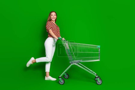 Foto de tamaño completo de la chica impresionada vestido camisa de impresión pantalones blancos van espacio vacío con carrito de compras aislado sobre fondo de color verde.