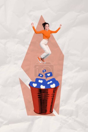 Vertical creative collage poster jumping crazy girl bucket full likes notifications popularity smm blogging targetologist.