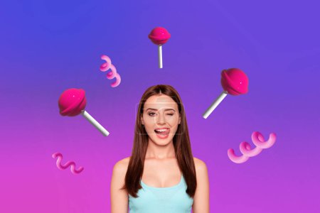 Photo collage picture young flirty girl lick mouth tongue blink desire candy sweet lollipop want yummy drawing background