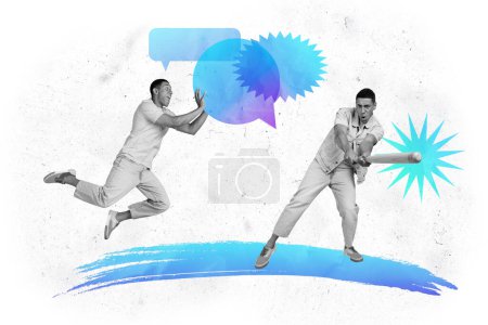 Artwork magazine collage picture of funny guys playing baseball mind clouds isolated white color background.