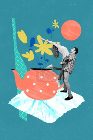 Collage Bild Bild von glücklichen zwei Menschen Paar tanzen feiern Frühling kommt isoliert auf blauem Hintergrund.