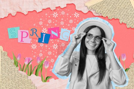 collage de fotos compuesto creativo de mujer optimista desgaste sombrero tocando sunglass regocijo llegada de la primavera aislado sobre fondo pintado.