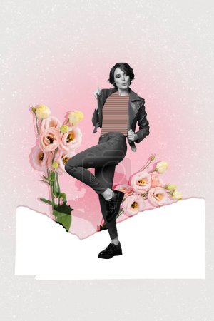 Vertical photo collage of charming excited lady dance leather jacket bloom pink eustoma snowdrift spring isolated on painting background.