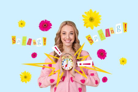 Trend composite artwork image 3d collage photo of young attractive lady hold in hands alarm clock spring wake up flower season come.