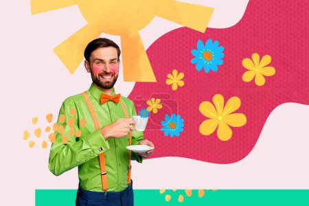 Composite collage abstrait de gars attrayant weari chemise boisson café relax printemps fleurs soleil bretelles isolées sur fond peint.