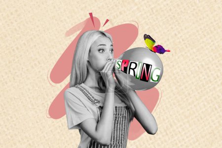 Profil Foto-Collage von funky schockiert Dame blasen Luftballon vorbereiten Frühling Party aussehen Regenbogen Schmetterling isoliert auf gemaltem Hintergrund.