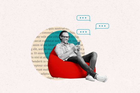 Foto Collage Bild sitzend erwachsener Mann Sitzsack Browsing Smartphone SMS-Chat-Gespräch Online-Forum Kommunikation Textboxen.