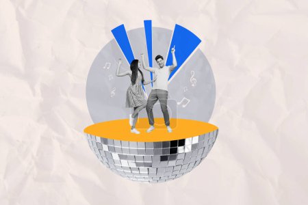 Magazine collage picture of funky carefree couple dancing disco having fun isolated drawing background.