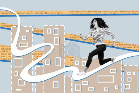 Kreative Foto läuft Mädchen in Richtung Traumziel Erreichung hartnäckige Entschlossenheit Motivation Stadt Wohnungen Gebäude Hintergrund.