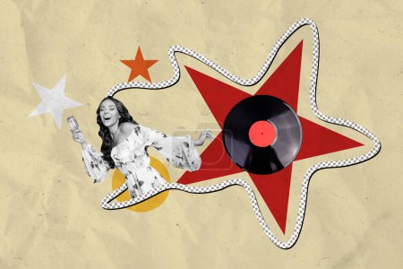 Artwork Magazin Collage Bild von lustigen sorglosen Dame genießen Vinyl-Musik trinken Champagner isoliert Zeichnung Hintergrund.