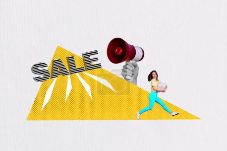 Creative collage walking young girl buy gift carton box present hand hold megaphone proclaim sale season discount special offer promo.