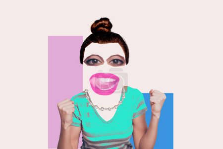 Collage 3d pinup pop rétro croquis image de dame chanceuse sans visage excité levant poings se détachent fond de peinture isolé.