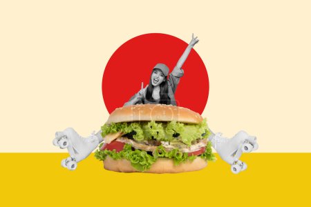 Photo collage picture young girl roller skater huge hamburger sandwich delivery service show victory sign two fingers gesture junk fastfood.