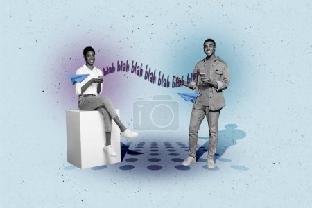 Artwork collage image of two black white effect people sit podium point finger flying bla blah paper planes chatting smart phone.