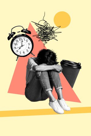 Vertical 3d photo collage of young girl put head give up tired clock overwork time paper cup coffee to go isolated on painted background.