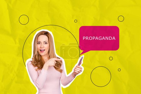 Composite photo collage of young surprised girl hold iphone text box propaganda advertising popularization isolated on painted background.