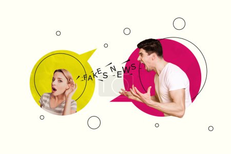 Zeitgenössische Kunst Collage von jungen aggressiven Paar in Beziehungen sagen Fake News Konflikte isoliert auf weißem Hintergrund.