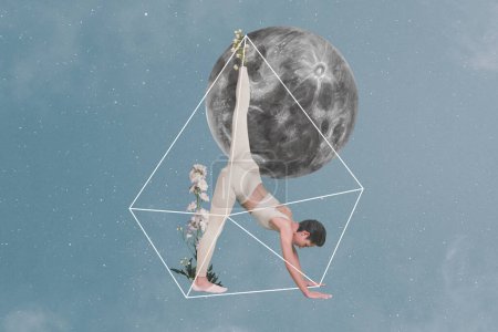 Skizze Collage Bild der sportlichen Dame praktiziert Yoga genießen Blumen isoliert graue Farbe Hintergrund.
