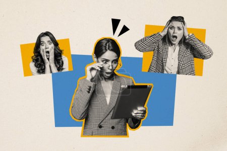 Trend artwork composite sketch image collage of silhouette three young shocked lady office colleagues read news gossip rumors staring pad.