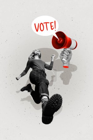 Vertikale Fotocollage Bild junge Laufmädchen zeigt Aktivismus Abstimmung verkünden Lautsprecher Demokratie Rechte Zeichnung Hintergrund.