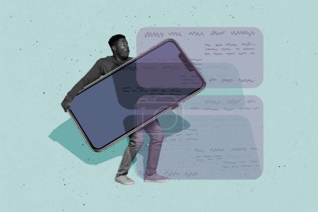 Collage imagen de hombre de piel negro funky llevando enorme teléfono moderno dispositivo de compra aislado en el fondo de dibujo.