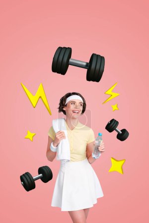 Kreative vertikale Collage Bild jung glücklich Trainer Sportlerin Workout erschöpft Hantel Körperpflege trinken Wasser.