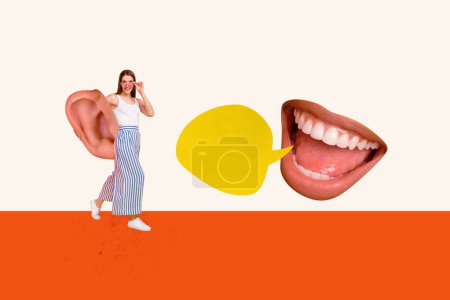 Trend Artwork Composite Image 3D Collage von jungen attraktiven Dame halten in der Hand großes Ohr riesigen Klatsch Mund groß Gerüchte News Skandal.