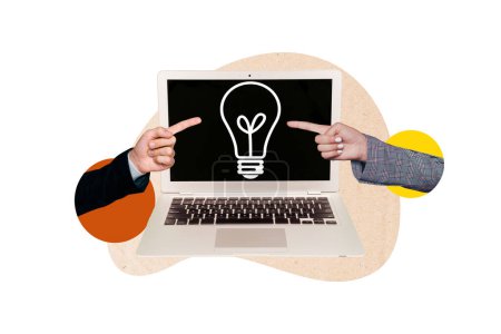 Composite photo collage of hands point laptop screen light bulb idea plan led strategy colleagues deal isolated on painted background.