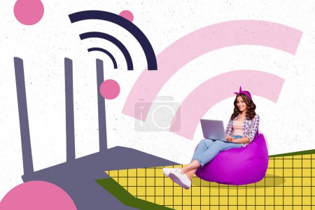 Collage composite de freelance femme assis beanbag passer les délais de travail en ligne rapide 5g wifi routeur isolé sur fond peint.