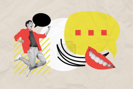 Composite photo collage of young man jump joy cry communication date friend lips smile dialogue textbooks isolated on painted background.