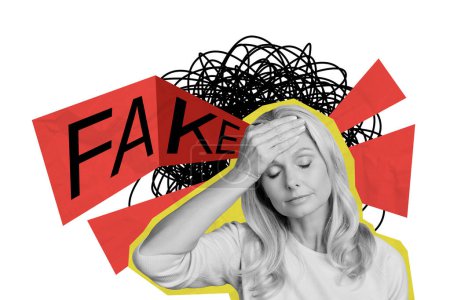Composite Foto-Collage von jungen Frau halten Kopfschmerzen gefälschte Informationen Täuschung Phishing-Opfer isoliert auf gemaltem Hintergrund.
