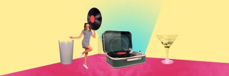 Kreative Retro-3D-Magazin Collage Bild von sorglos aufgeregt Dame Spaß genießen Vintage Party isoliert bunten Hintergrund.