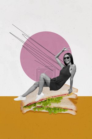 3d Foto-Kunstwerk Grafik Collage Malerei von lustigen Dame zeigt V-Zeichen sitzen große Sandwich isoliert Zeichnung Hintergrund.